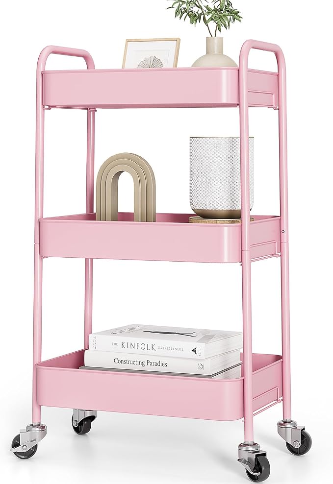 TOOLF 3 Tier Metal Rolling Cart, Utility Storage Cart with Wheels, Pink | Screwless Assembly, Lockable Metal Wheels, Trolley Organizer for Bathroom, Kitchen, Office, Dorm, Laundry, Craft Room by TOOLF