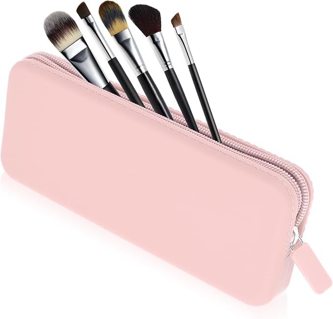 Travel Makeup Brush Holder, Silicone Makeup Brush Bag with Zipper Closure, Makeup Brushes Organizer Case Washable Makeup Pouch Holder Case for Daily, Work, Essentials（Pink） by Sakolla
