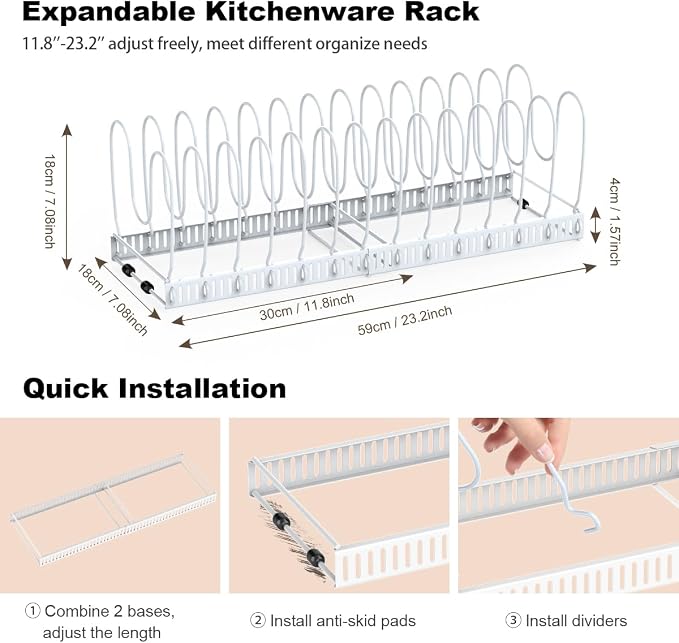 Housolution Pot and Pan Lid Organizer Holder Storage Rack, White | 12"-23" Expandable, 14 Adjustable Dividers, Sturdy Metal Construction, Easy Assembly - Image 5