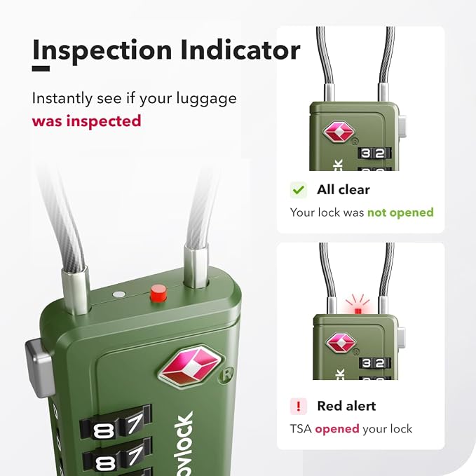 TSA Approved Luggage Locks, Travel Locks with Inspection Indicator | TSA008, Easy to Read Dials, 4 Digit Combination, Flexible Steel Cable, for Suitcases, Backpacks, Bags, 2-Pack, Green - Image 5