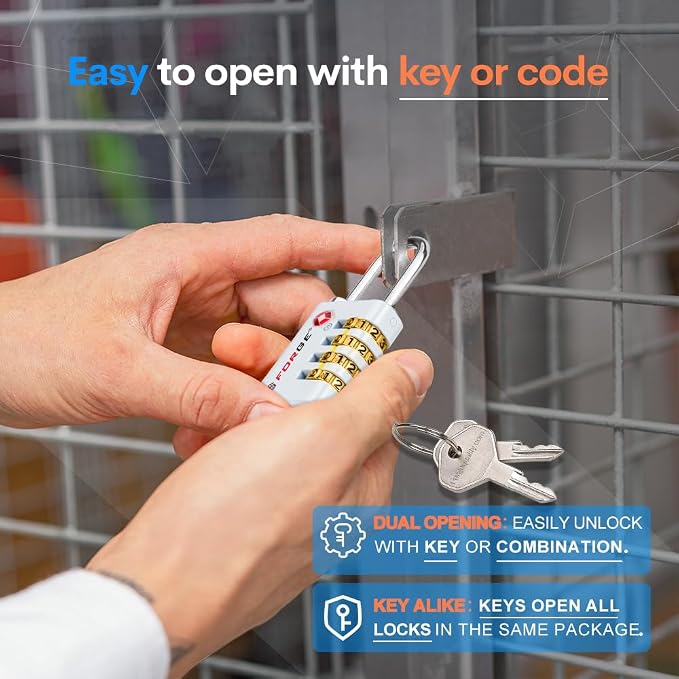 Forge Dual-Opening: Key or Combination Access Lock, TSA Approved Locks for Luggage, Pelican case, Travel, Gym, School, Stainless Steel Shackle. (White, 2 Pk) - Image 3