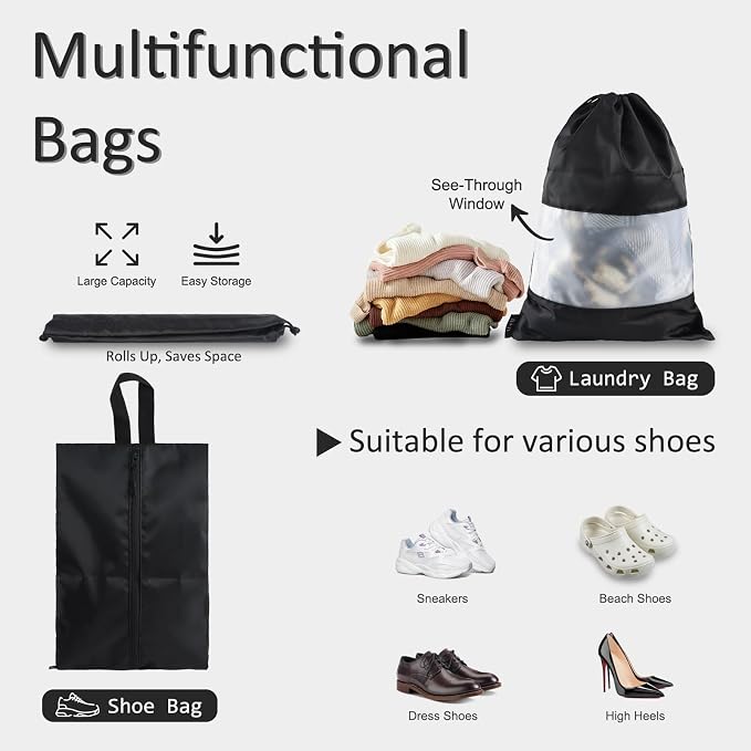 U+U 5 Set Packing Cubes, Travel Organizers with Shoe Bag (Black) | Ultralight Design & Easy Travel Organization - Image 4