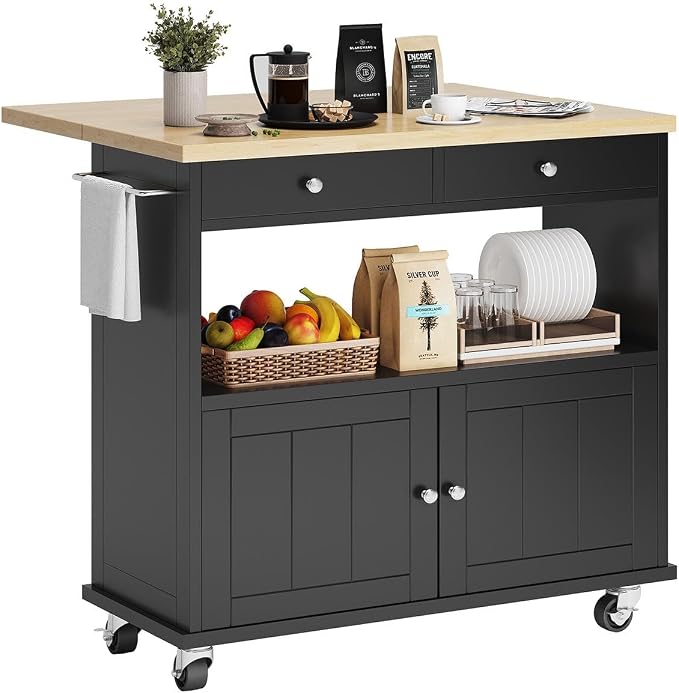 Rolling Kitchen Island with Folding Drop Leaf Breakfast Bar, 35.4'' W Kitchen Cart with Storage Cabinet and 2 Drawers, Portable Mobile Kitchen Island Table with Towel Rack, Lockable Wheels, Black by KNOWORLD