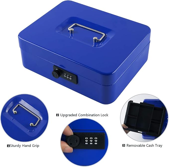 KYODOLED Large Cash Box with Combination Lock,Safe Metal Box for Money, Storage Lock Box with Money Tray,9.84"x 7.87"x 3.54" Blue Large - Image 2