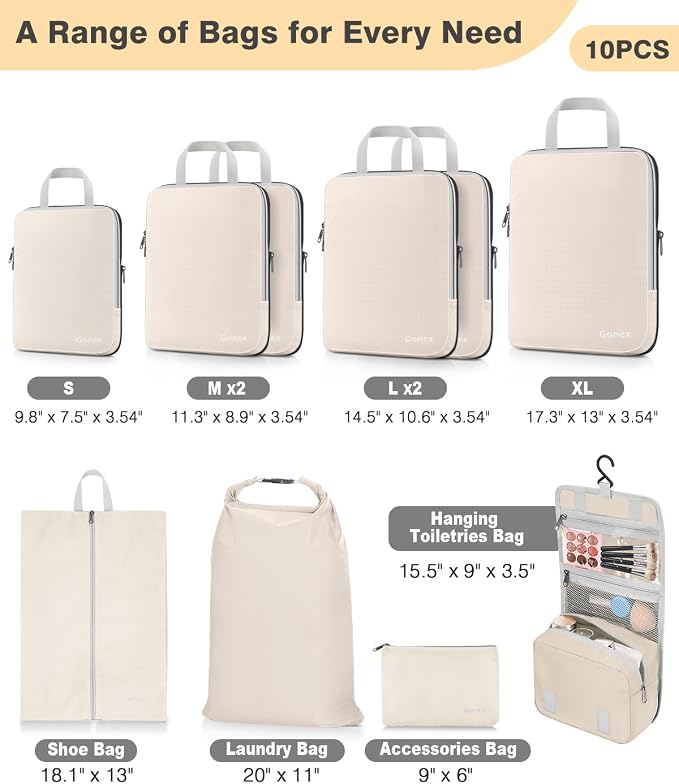 Gonex 10-Piece Compression Packing Cubes with Travel Organizer Set | Expandable Design, Hanging Toiletry Bag, Laundry Bag, Shoe Bag, Accessories Bag, Ripstop Fabric - Image 3