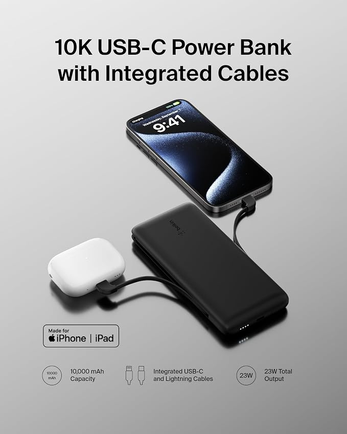 Belkin 10K 23W Portable Charger Power Bank, Integrated USB C and LTG Cables | Fast Charging, iPhone 17, Samsung Galaxy, Pixel, Airpods, iPad, Battery Pack, USB C Port, USB C Cable, Lightning Cable - Image 6