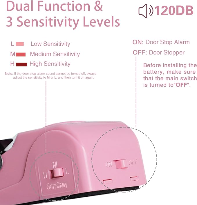 Portable Door Lock & Door Stop Alarm Set, Dual Protection Home Security Door Kit, Travel Hotel Door Lock Devices Pocket Self Defensey Tools for Traveling Hotel Home Apartment,Pink - Image 3