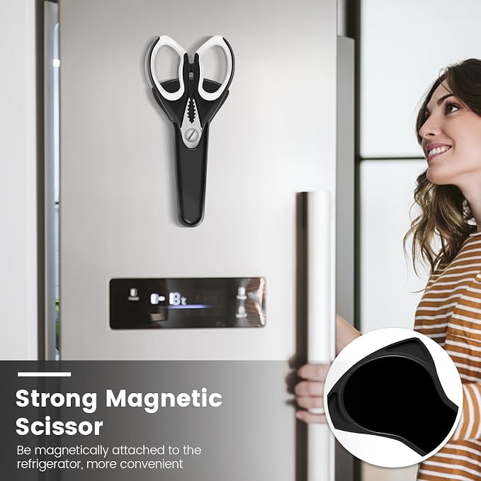 1 Pack Sharp Kitchen Scissors Set with Magnetic Holder, White | Stainless Steel Blade, Ergonomic Non-Slip Handle, Heavy Duty, Food/Meat Scissors for Home, Kitchen and Picnic, All Purpose - Image 4