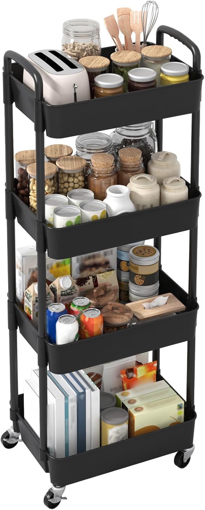 Sywhitta 4-Tier Plastic Rolling Utility Cart with Handle, Multi-Functional Storage Trolley for Office, Living Room, Kitchen, Movable Storage Organizer with Wheels, Black (Pack of 2) - Image 8