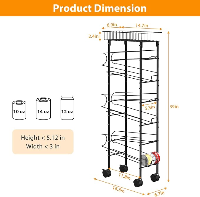 Slim Can Organizer Cart, Iron Narrow Soda Dispenser Rack for Kitchen, Black | Black,Canned Food Organizer, On Wheels, Top Basekt, Automatic Rolling Storage, for Narrow Space. - Image 2