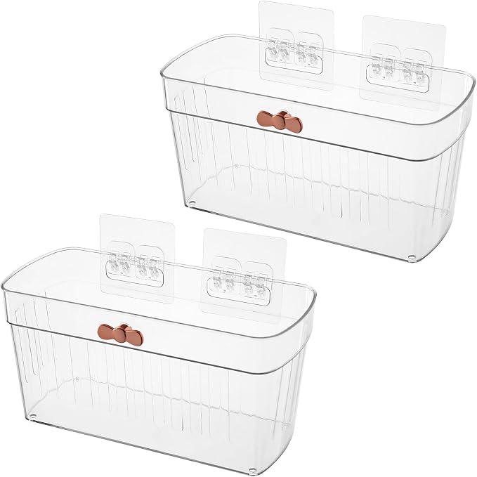 2 Pack Clear Acrylic Small Wall-Mounted Storage Baskets with Adhesive, No Drilling, Hanging Wall Mount Storage Bins for Kitchen, Pantry, Bathroom, RV by Veefos