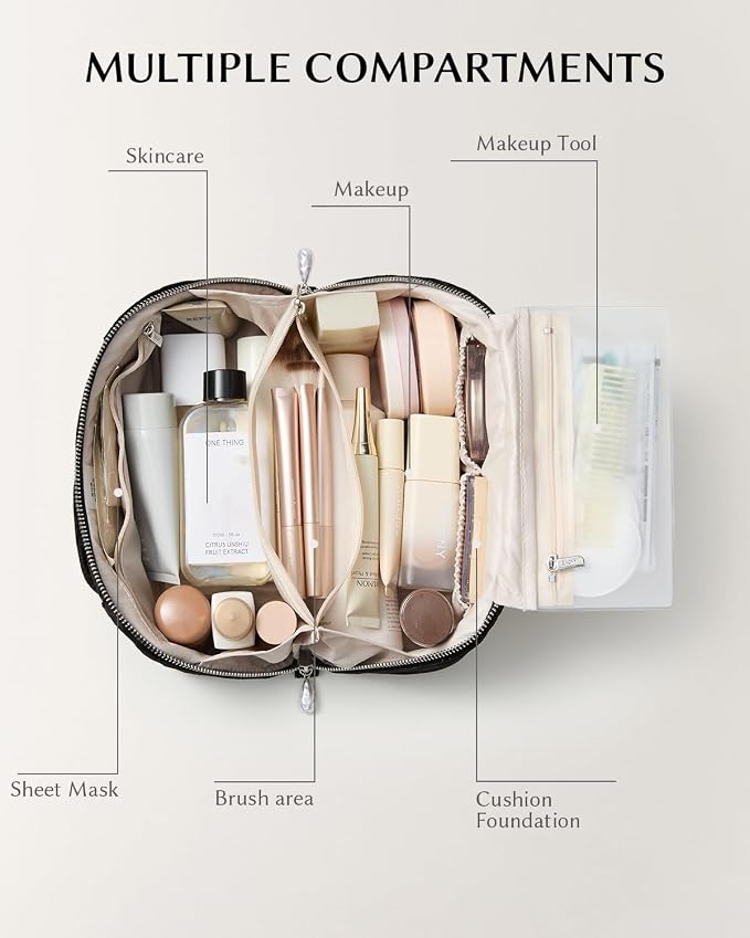 EACHY Velvet Travel Makeup Bag for Women, Flat Open Cosmetic Organizer | Velvet cosmetic organizer with two clear TPU brush pockets and extra storage for makeup, toiletries and travel essentials - Image 3