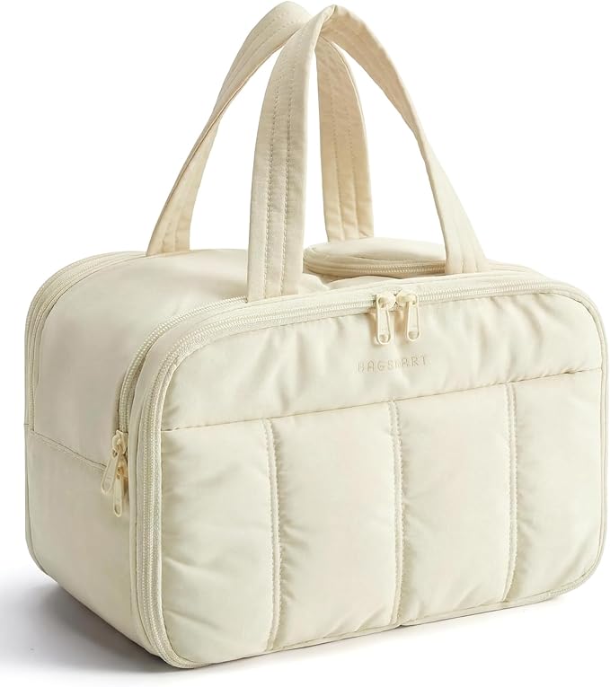 BAGSMART Travel Toiletry Bag, Puffy Large Toiletry Bag for Women, Lightweight Cosmetic Makeup Bag Organizer with Handle for Traveling, Accessories, Essentials, Toiletries （Beige by BAGSMART