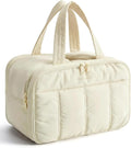 BAGSMART Travel Toiletry Bag, Puffy Large Toiletry Bag for Women, Lightweight Cosmetic Makeup Bag Organizer with Handle for Traveling, Accessories, Essentials, Toiletries （Beige by BAGSMART