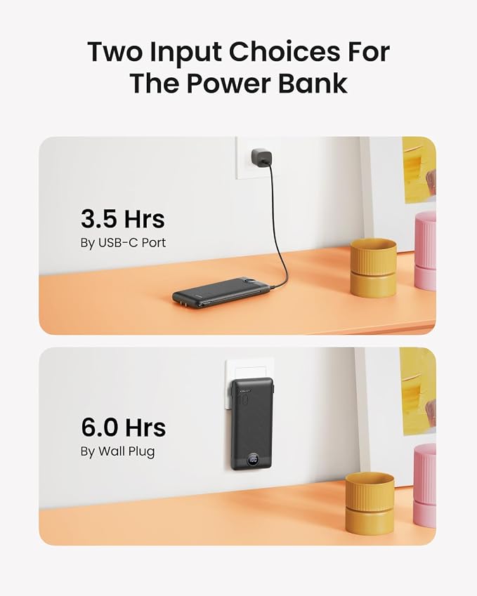 Portable Charger with Wall Plug, Slim USB C Power Bank with Built-in Cables, 10000mah LED Display External Battery Pack Compatible with iPhone/Android & More (Black) - Image 3