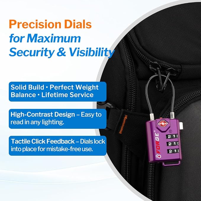 Forge TSA Approved Luggage Locks, Re-settable Combination with Alloy Body (Dark Purple 4 Locks) - Image 4