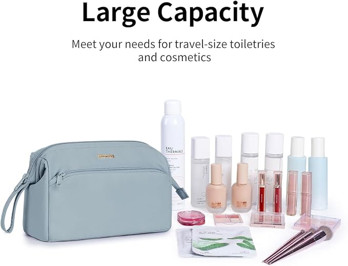 Narwey Large Travel Makeup Bag For Women Girls, Wide Open Cosmetic Bag, Portable Toiletry Bag for Cosmetics, Toiletries, Skincare, Brushes (Greyish Blue) - Image 5