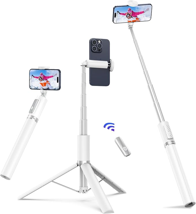ATUMTEK 68.5" Selfie Stick Tripod, Extendable Aluminum Tripod with Rechargeable Bluetooth Remote, Compatible with iPhone and Android Smartphones, Perfect for Travel, Vlog, Video and Photo, White by ATUMTEK