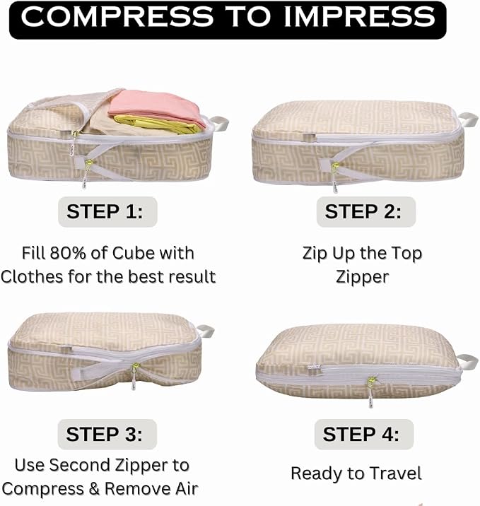 Compression Packing Cubes for Travel 6PC Set - Suitcase Organizer & Space Saver Bags for Carry On Luggage with Drawstring Backpack Beige Boho - Image 6