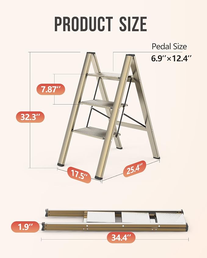 Aluminum 3 Step Ladder, Foldable Step Stool, 300lbs Load, Gold | Folded 35''H x 2''T; Net 7.99 lbs; Rigid Aluminum Steps; No Assembly; For Home, Kitchen, Office, Pantry, Closets, Cabinets - Image 6
