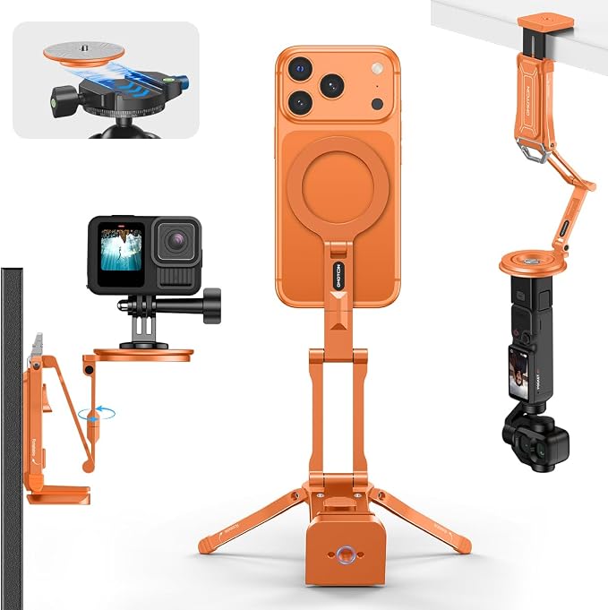 OMOTON TP02-Ultra Magnetic Action Camera Mount for DJI/GoPro iPhone，Orange | Arca-type Adapter with 1/4" Screw, 4 in 1 Phone Tripod for Travel Vlog, Adjustable & Swivel, for iPhone 12-17 Series by OMOTON