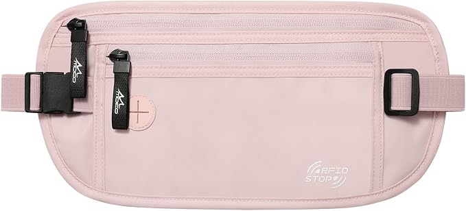 MoKo Travel Money Belt with RFID Blocking, 3 Pockets, Pink | Slim 210D water-resistant nylon design fits discreetly under clothing; adjustable strap fits 28-50 in waists by MoKo