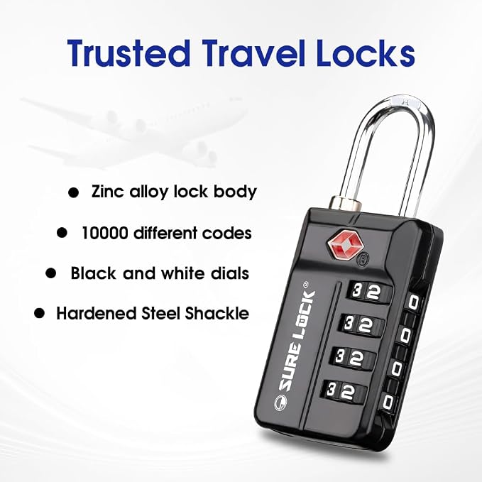 SURE LOCK TSA Approved 4-Digit Resettable Combination Luggage Lock with Open Alert, Easy-Read Dials - for Luggage, School Lockers, Gym, Office, Toolbox & Security Cases (Black 1 Pack) - Image 5