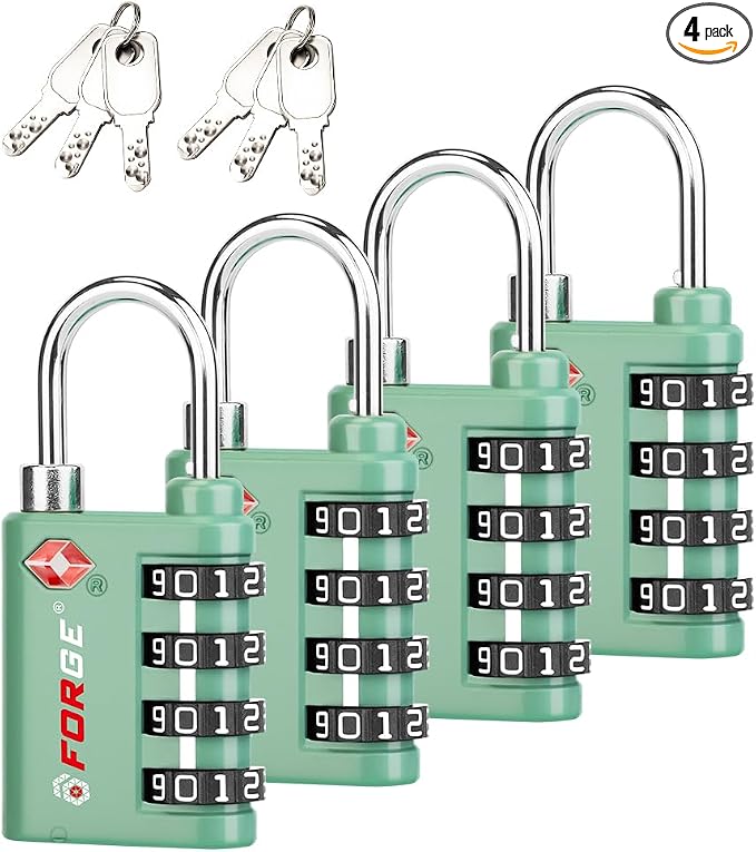 Forge Dual-Opening: Key or Combination Lock, TSA Approved Lock for Luggage, Pelican case, Travel, Gym, School, Luggage Combination Lock, Travel Bag Lock (Green 4 Pk) by Forge