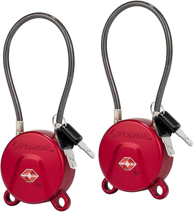 FORGE TSA Approved Luggage Locks Keyed Alike, TSA006 Dimple Key Cable Locks for Luggage, All Metal Zinc Alloy Travel Padlock for Suitcase, Backpack, and More, 2 Locks Red. by Forge