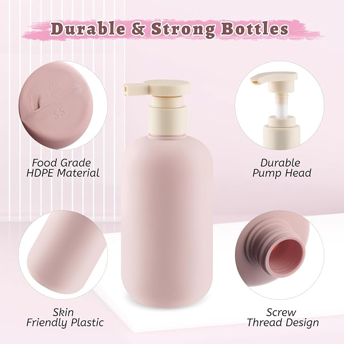 6 Pcs 10 oz Soft Plastic Bottles with Press Pump,Empty Refillable Travel Shampoo Dispenser Container for Hand Soap,Shampoo,Lotion,Body Wash,Conditioner,Silicone Funnel Included (Pink) - Image 3