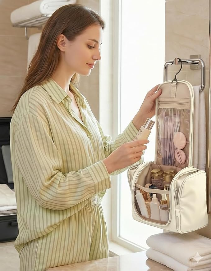 BAGSMART Travel Toiletry Bag for Women, Puffy Hanging Toiletry Bag with Hook, Water-resistant Toiletry Organizer for Full Sized Toiletries (Light Beige) - Image 7