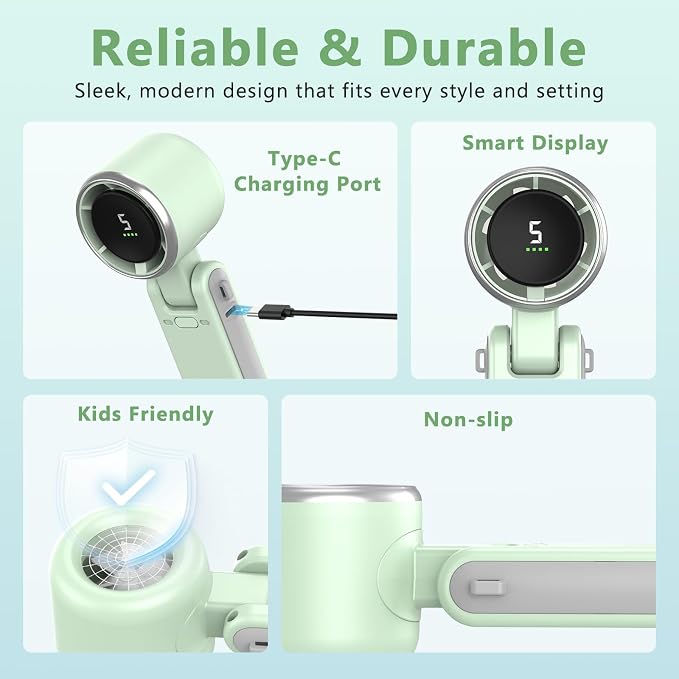 COO Portable Handheld Turbo Fan, 5-Speed Rechargeable Personal Fan | 180° Foldable 3 IN 1 Design with LED Display, Mini Desk Fan for Office, Travel & Outdoor Activities, Green - Image 3