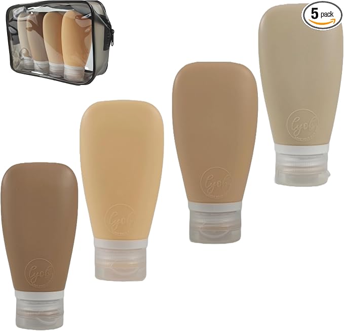 Travel Bottles for Toiletries, TSA Approved 3 oz Leak Proof Silicone Refillable Squeeze Travel Size Containers BPA Free for Cleansers, Lotions, Shampoo w/Clear Bag (Earth Tone Colors) by Lyob