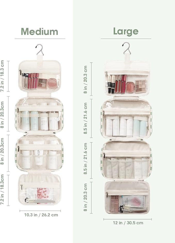 Narwey Travel Toiletry Bag for Women Large Capacity, Hanging Makeup Bag Organizer Toiletries Bag for Full Size Essentials, Accessories, Brushes, Cosmetics (Mint Green Checkerboard (Large)) - Image 3