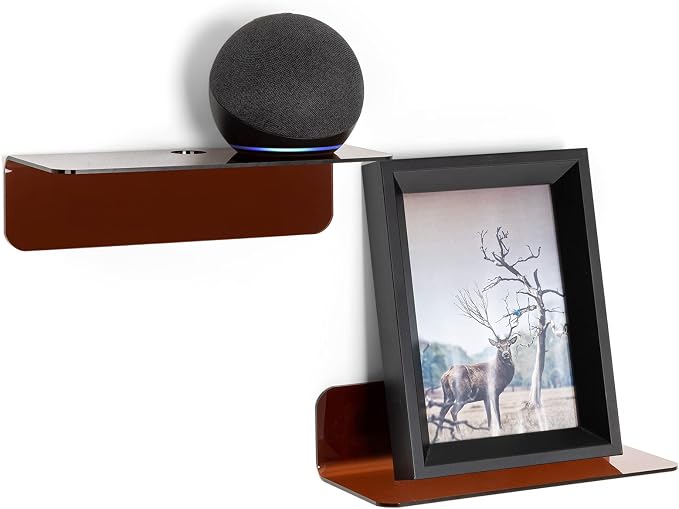 OAPRIRE Acrylic Floating Wall Shelves Brown, No Drill, 9 Inch 2 Pack | Strong Tape Adhesive Wall Shelf, Easy Installation, Hole Design with Cable Clips, Small Spaces Bedroom Bathroom Living Room by OAPRIRE