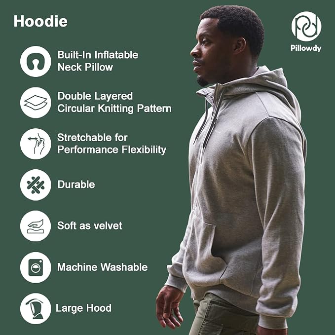 Pillowdy Travel Hoodie with Built-In Inflatable Neck Pillow for Flights - Image 5