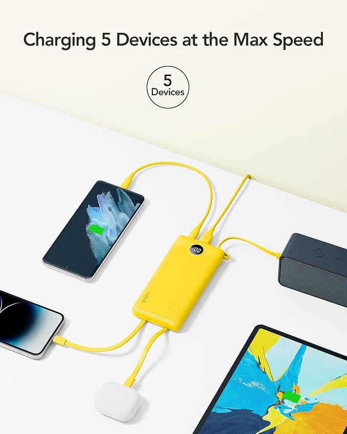 VRURC Portable Charger, Built-in 4 Cables Portable Phone Charger 10000mAh | Lightweight Power Bank with 5 Output 2 Input Compatible with Smart Phones,Samsung,Android etc-Yellow(1 Pack) - Image 4