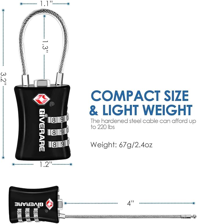 2 Pack TSA Approved Luggage Locks, Cable Suitcase Travel Lock Alloy, Set Your Own Combination Metal Zipper Padlock, 3-Digit Long Shackle Padlocks for Gym Locker, Golf Bag, Case Anti Theft-Black - Image 2
