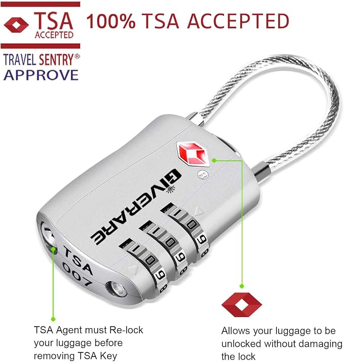 GIVERARE 2 Pack TSA Approved Luggage Locks, Combination Travel Cable Lock, Re-settable 3-Digit Padlocks with Alloy Body, Keyless TSA Padlock for Gym Locker, Golf Bag Case-Silver - Image 2
