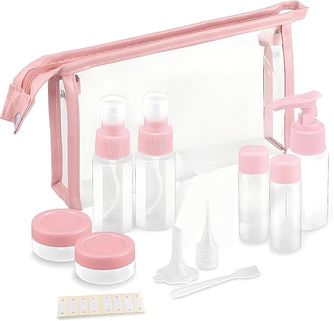 11-Pack Pink Travel Bottles Kit, TSA Approved Leak Proof Portable Toiletry Containers Set, Clear PET Flight Size Cosmetic Containers for Lotion, Shampoo, Cream, Soap by YOFAN