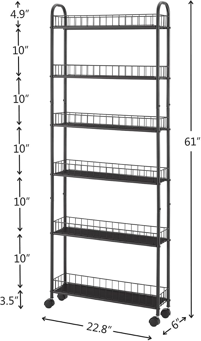 6 Tier Slim Rolling Storage Cart, Mobile Shelving Unit with Wheels, Metal Wire Storage Rack with Baskets for Kitchen Bathroom Office Laundry Narrow Piaces (6in Slim Rolling Cart) - Image 5