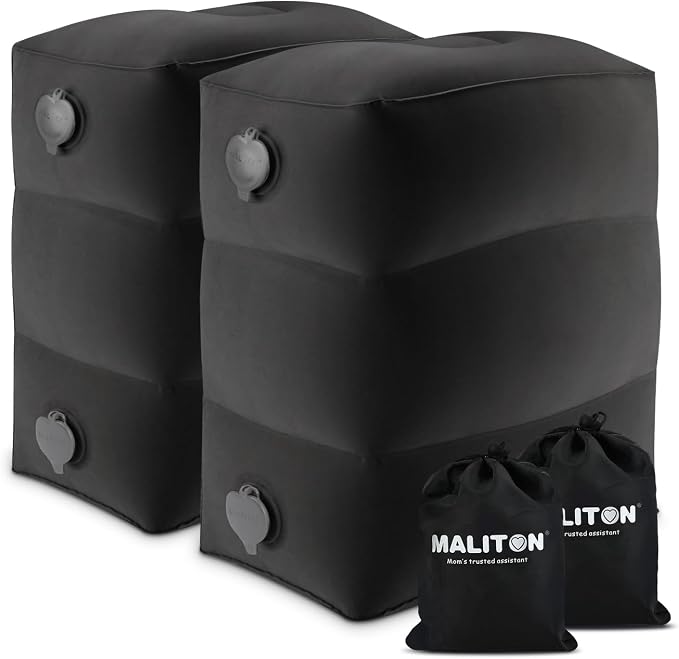 Maliton Inflatable Foot Rest Pillow, (Black, 2 Pack) | 3 Height Adjustments for Kids & Adults, Dual Valves for Quick Inflation, Creates Comfortable Foot Rest for Long Flights, Cars by Maliton