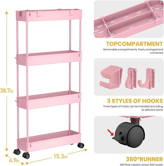 2-piece Set Slim Storage Cart 3 Tier,Bathroom Organizer Rolling Utility,Mobile Shelving Unit Slide Out for Office, Kitchen, Laundry Room & Narrow Places - Image 2