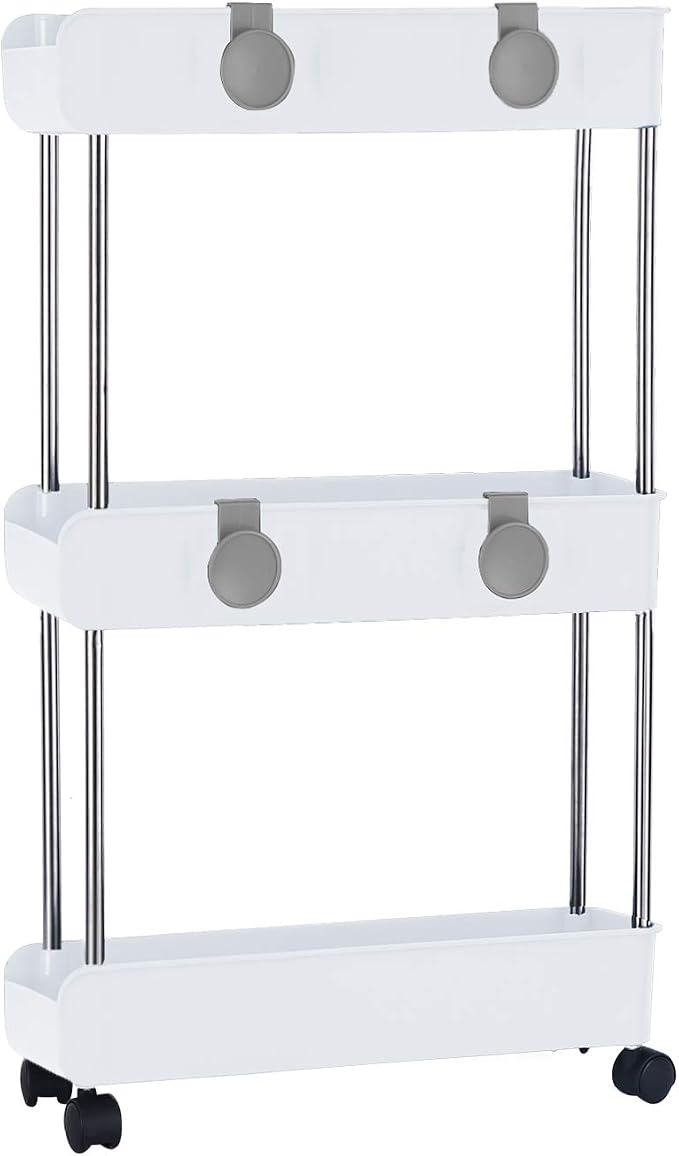 3-Tier Slim Mobile Shelving Unit on Wheels, Slide Out Rolling Bathroom Storage Organizer, Utility Carts Shelf Rack for Kitchen Bathroom Laundry Room Narrow Places, White - Image 7