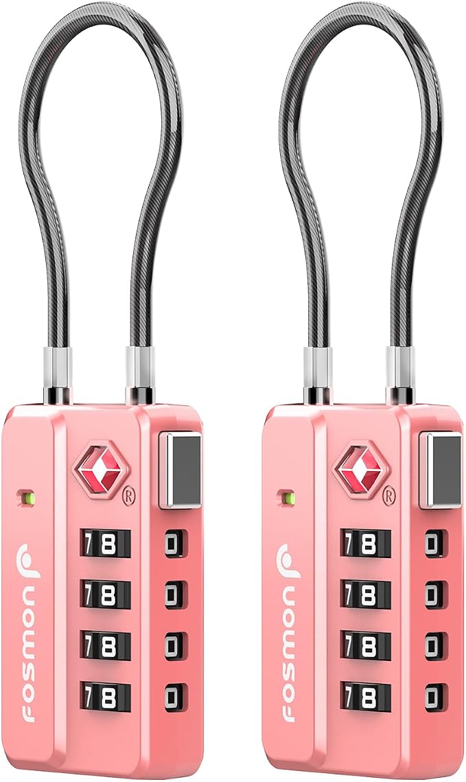Fosmon TSA Approved Luggage Locks, 4 Digit Combination Cable Travel Lock for Suitcase & Backpack, Heavy Duty Metal Body Padlock with Open Alert Indicator (Pink, 2 Pack) by Fosmon