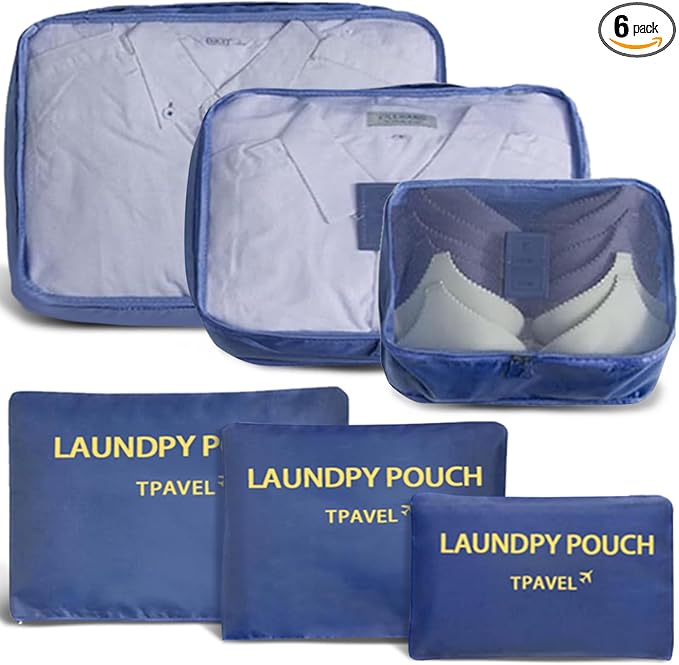 6 Set Packing Cubes for Travel Luggage Packing Bags Reusable Waterproof Suitcase Organizer Bags Set with Shoe Bag and Toiletry Bag (Navy Blue) by INVODA