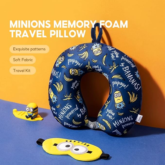MINISO Minions Travel Neck Pillow with Eye Mask, Cute Cartoon 100% Memory Foam Neck Support Pillow, Lightweight Travelling Pillow Set for Airplane, Car and Home Use - Image 4