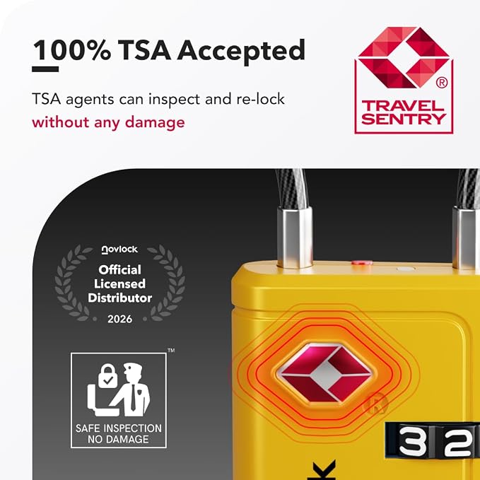 TSA Approved Luggage Locks, Travel Locks with Inspection Indicator | TSA008, Easy to Read Dials, 4 Digit Combination, Flexible Steel Cable, for Suitcases, Backpacks, Bags, 2-Pack, Yellow - Image 3