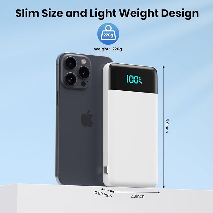 Portable Charger for iPhone with Built-in Cables and Wall Plug,Upgraded 13800mAh Fast Charging USB C Power Bank,4 Outputs Slim Travel Essential Battery Pack for iPhone 17/16/15/14/13,Galaxy,-White - Image 5