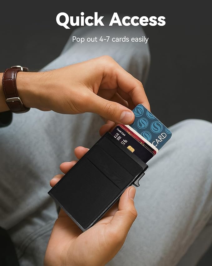 Ultra-Slim Metal Wallet for Men - RFID Blocking Minimalist Pop Up Card Holder, Elastic Pocket for Cash and Coins - Image 6